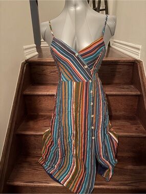 Cozy Casual Teal Orange Multi-Stripe Midi Dress